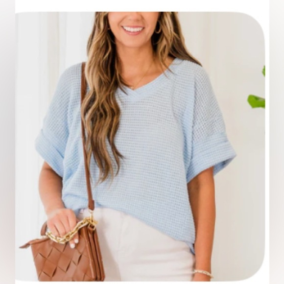 Chic Soul Tops - Chic Soul Light Blue Waffle Weave Top 1X